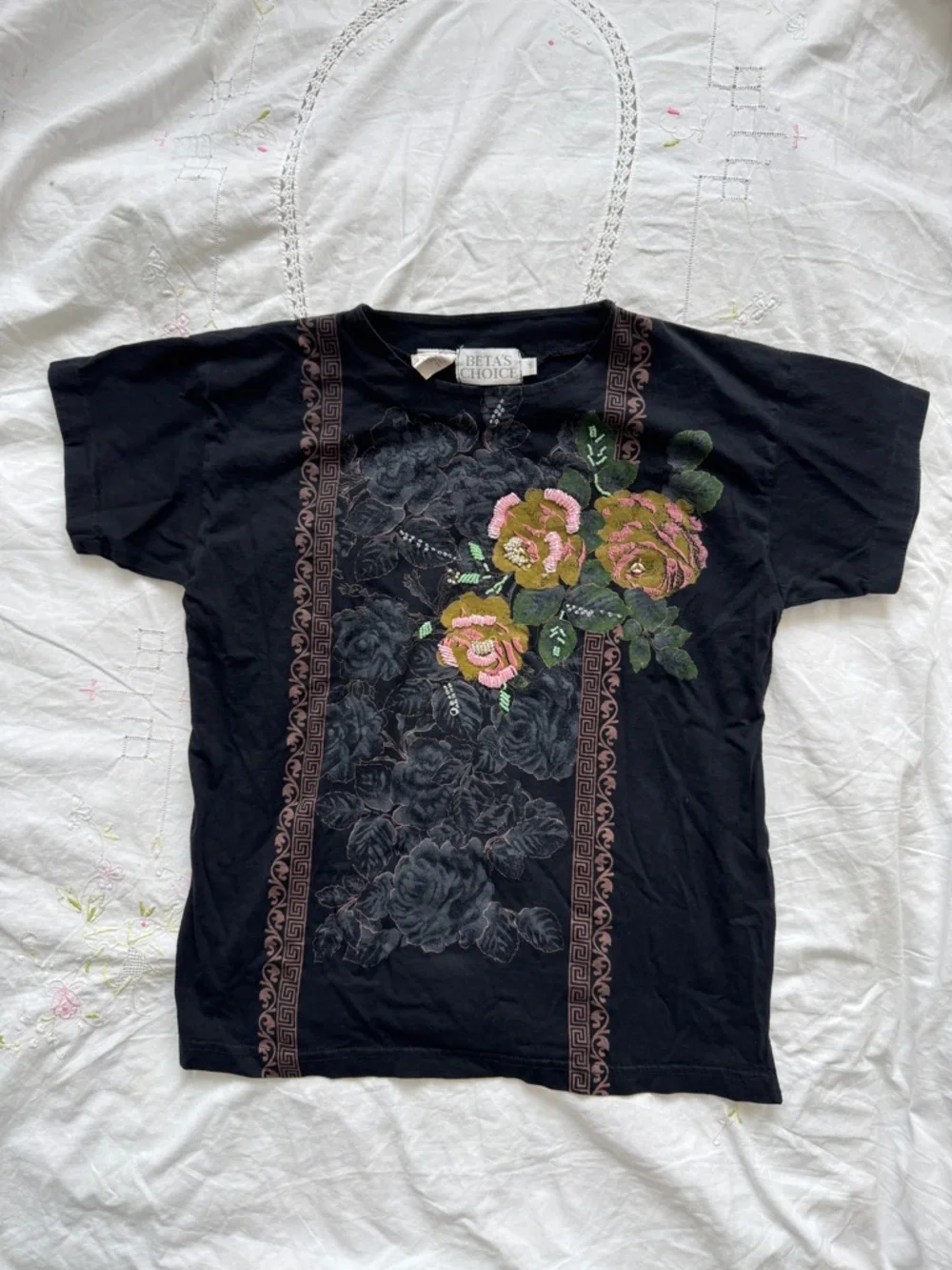 Black Short-Sleeve Graphic print Tee with Floral Beading - Picture 2 of 7